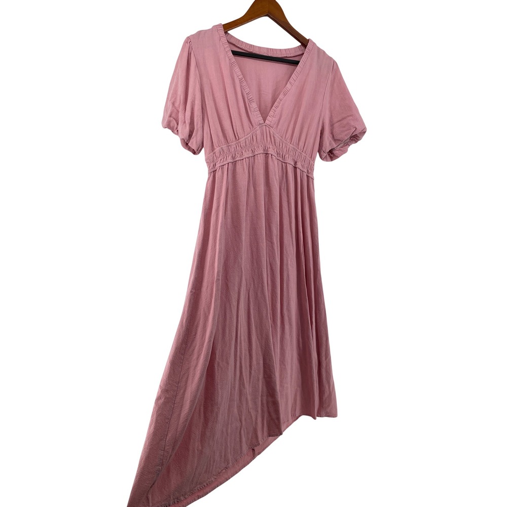 Linen‎ Blend Midi Dress Womens Large Pink Cottagecore Puff Sleeve Empire Waist
